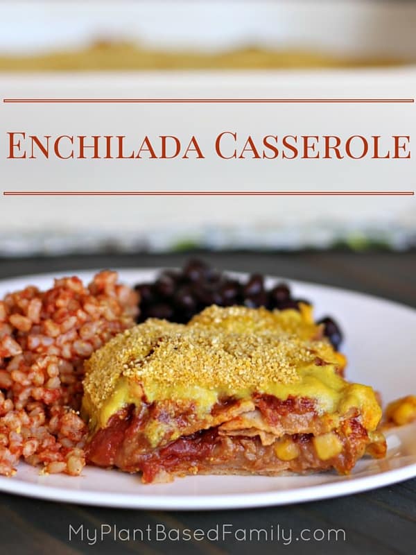 Enchilada Casserole is a fast, easy and healthier version of regular enchiladas. This recipe is vegan (plant-based), gluten-free dairy-free and made from pantry staples for a delicious family friendly meal.