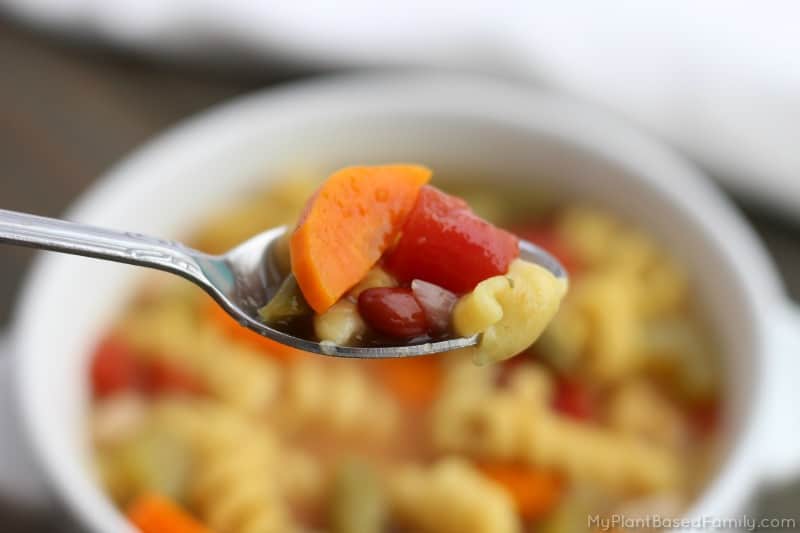 Instant Pot Minestrone Soup may just be the perfect plant-based soup! Veggies, beans, broth and pasta create a hearty and healthy soup!